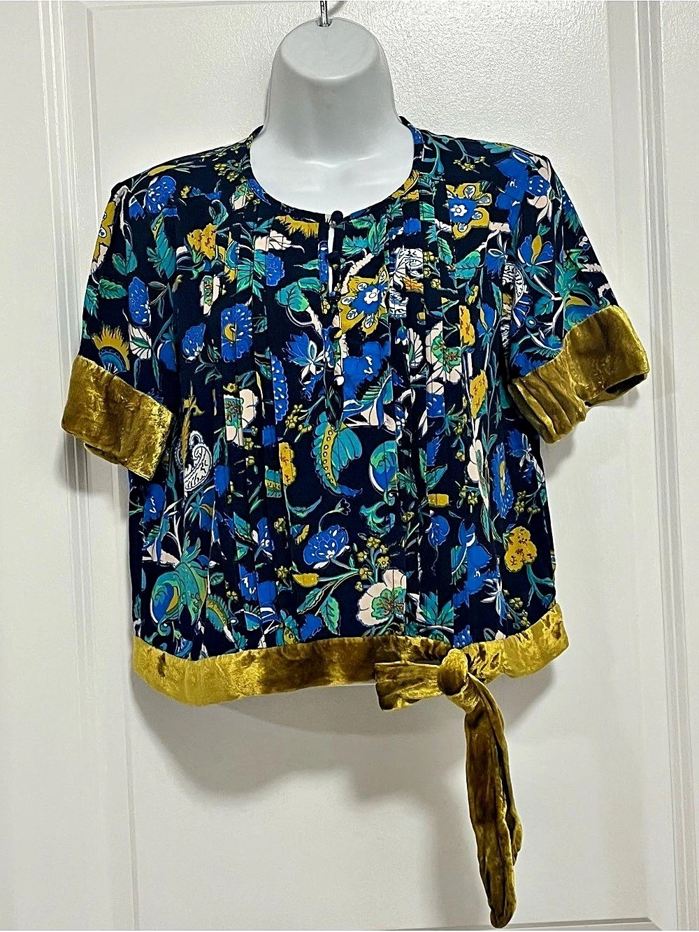 Anthropologie Clara Velvet-Trimmed Floral Crop Top Blouse Boho XS